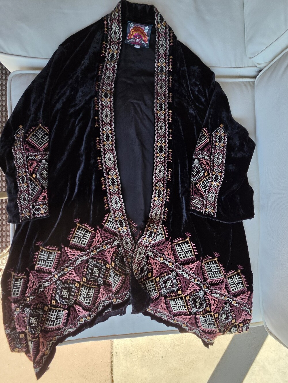 William Rast Black Velvet Kimono Robe with Pink & Cream Embroidery